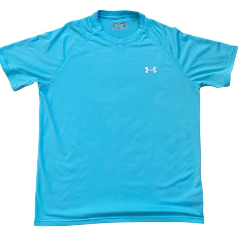 Underarmour Men's Heat Gear Polyester Aqua Blue Short Sleeved Loose Fit Medium